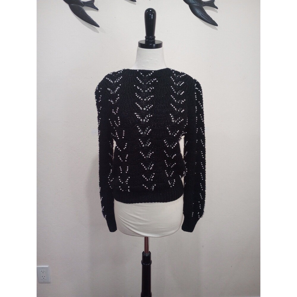 Nannell Hand Knit Black Sweater With Pearl Beading - L - Vintage 1980s